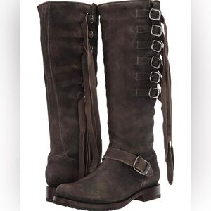 Frye Veronica strappy tall faded black suede 9.5 moto buckle fringe boots